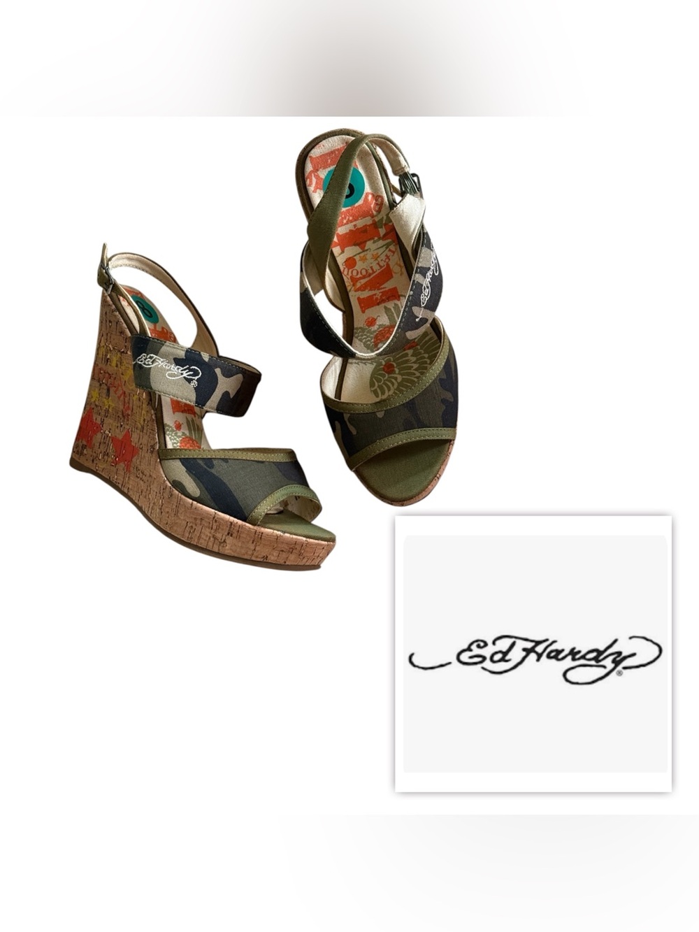 VINTAGE NEVER USED Ed Hardy Women 8 Olive Camo LOGO Cork Wedge Sandals Shoes Y2K
